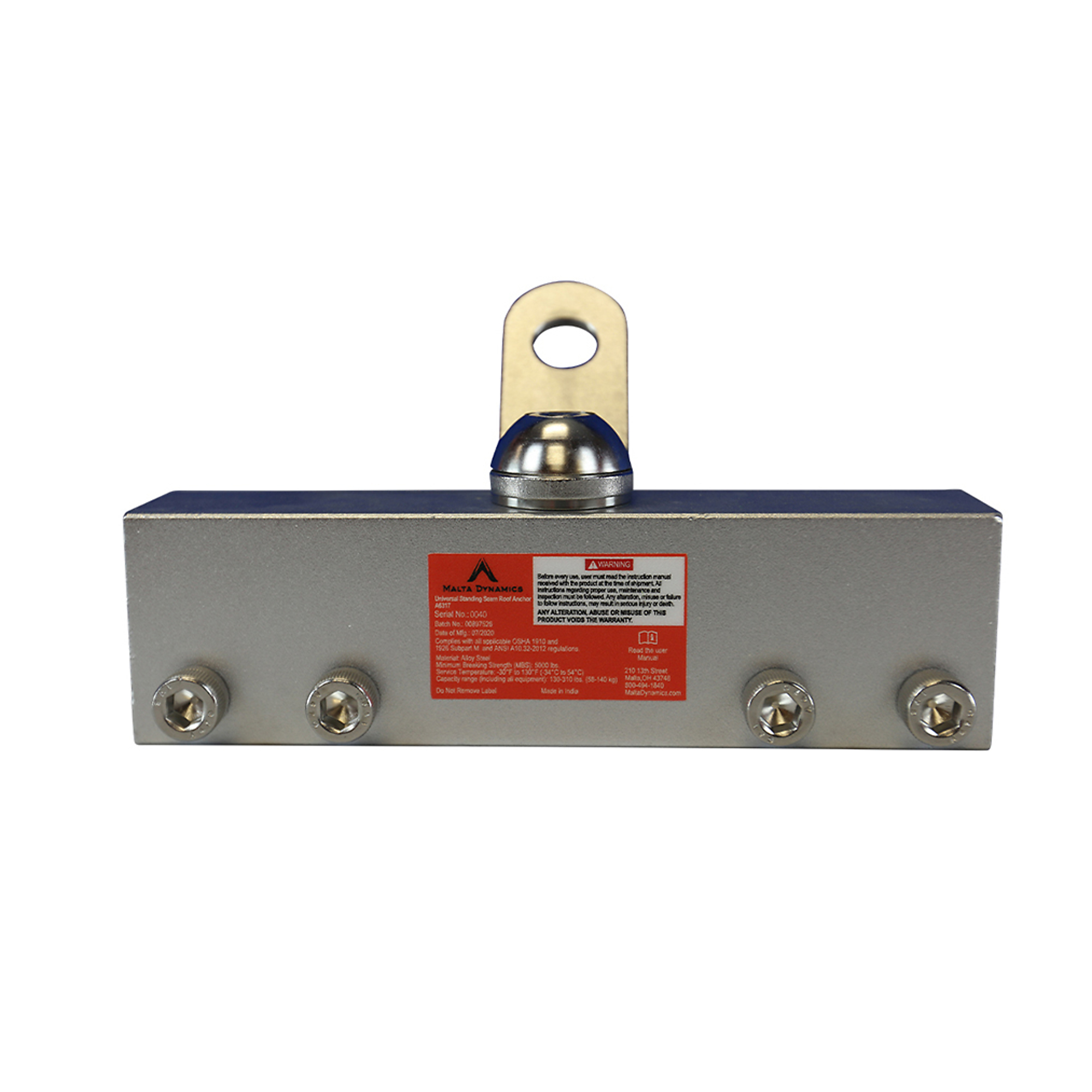 Malta Dynamics Standing Seam Roof Anchor, OSHA and ANSI Compliant, 5,000 lb (22kN) Breaking Strength, 310 lb Weight Capacity, Model# A6317